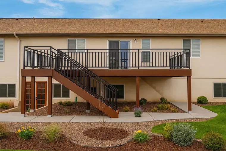 The Collins railing along a raised deck and stair at the back of a stucco house