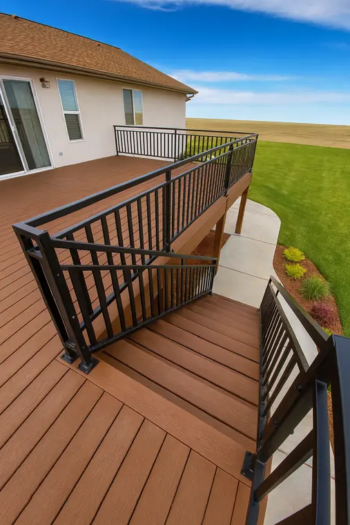 Close view of The Collins pickets where the deck meets the stair
