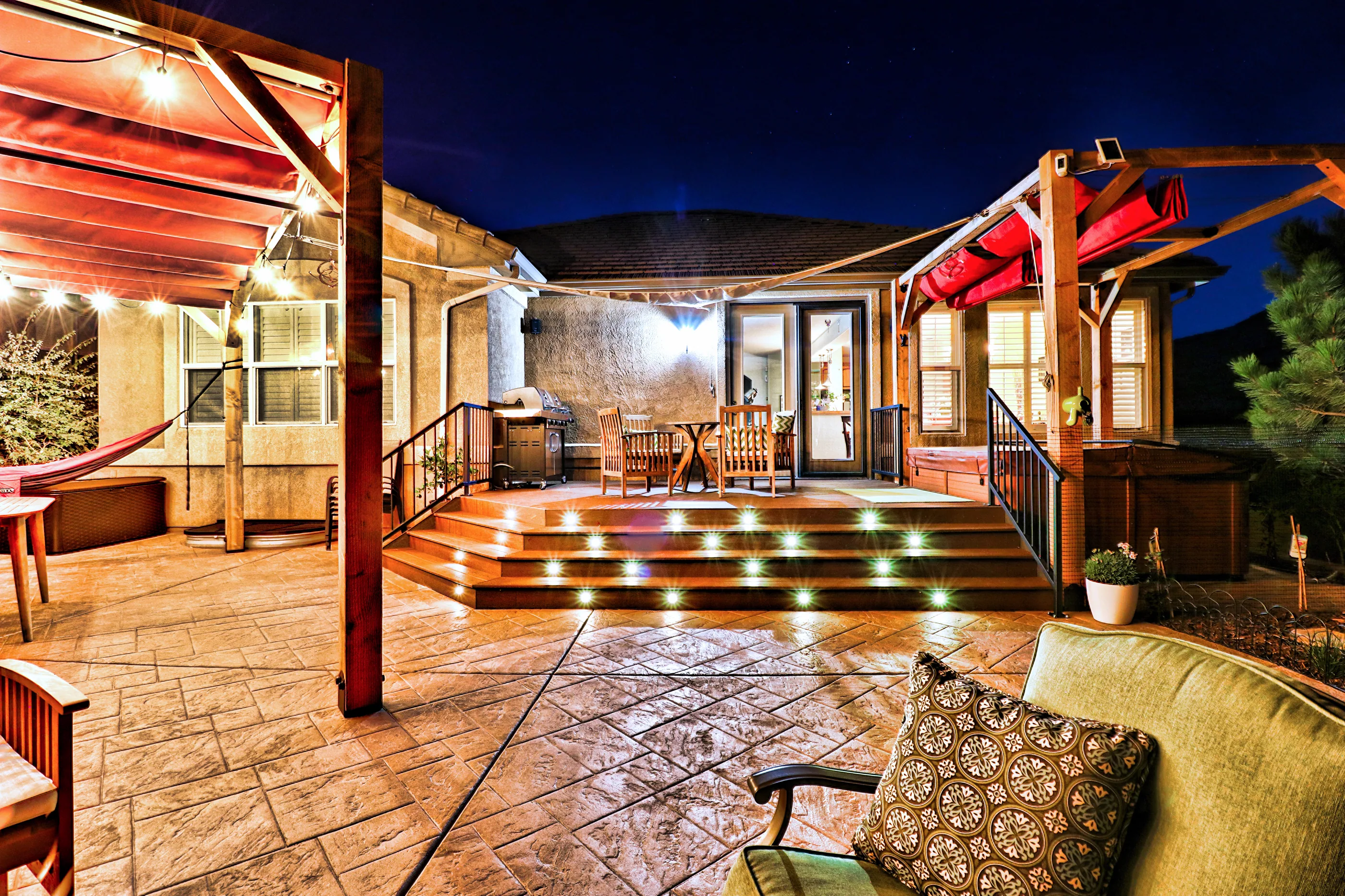 Deck steps with built-in step lights at night